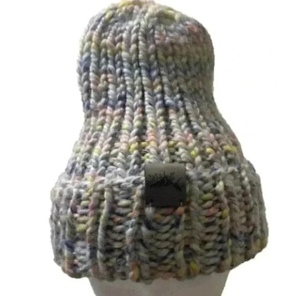 Handmade Chunky Knit Beanie Multi Color Pastel Mountain Patch Winter Hat Slouchy